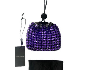 Vintage NWT 1,525 early 2000's GIORGIO ARMANI purple rhinestone mesh wristlet style evening bag w/ duster