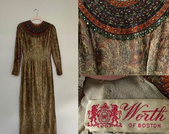 Vintage 1960s WORTH OF BOSTON gold & green iridescent lame long sleeved formal dress w/ heavily beaded fringed collar, size 2/4