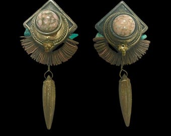 Vintage 1980s geometric silver-tone & brass-tone cabochon dangle clip-on earrings