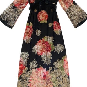 Vintage 1960s Elinor Simmons for MALCOLM STARR red, black, and gold floral metallic silk bell sleeve maxi evening dress / holiday gown, 6