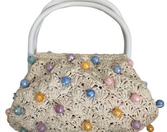 Vintage 1950s 1960s pastel rainbow candy beaded white crocheted satchel style handbag / purse