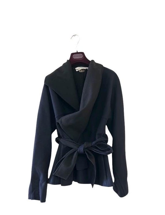 Stella McCartney, Vintage early 2000s STELLA MCCARTNEY navy blue & black wool blend belted peplum coat w/ structured collar, size 42