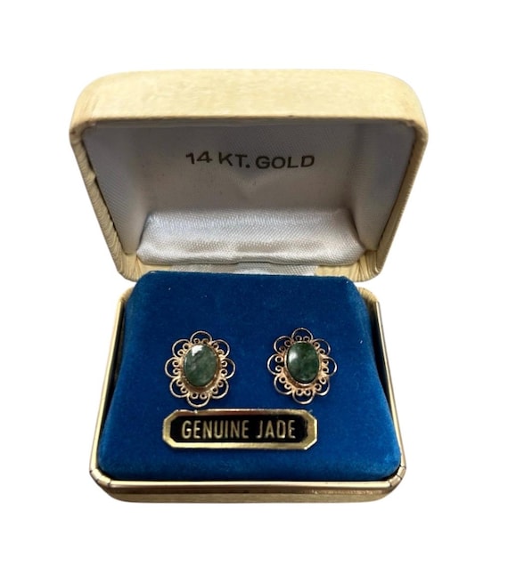 Vintage 1970s 14k 14 Karat Gold Filigree & Jade Stud Earrings, 2.34 Grams