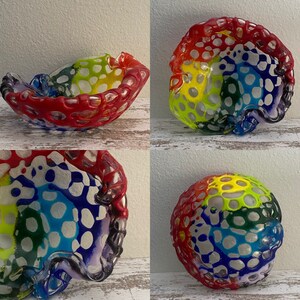 Vintage handmade tie-dye resin coated glass bowl / vessel w/ folded edges