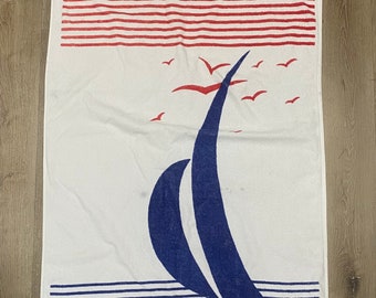 Vintage 1980s EL PILAR red, white, & blue terry abstract sailboat scene terry cloth beach towel