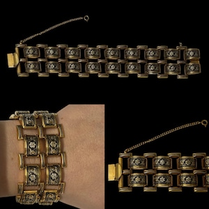 ヴィンテージ 1950 年代 1960 年代 ゴールドトーン ダマスカス フローラル モチーフ チェーンリンク ブレスレット セーフティ付き