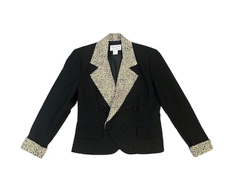 Blazer cruzado negro vintage de FOCUS 2000 de los años 90 con cuello y puños de leopardo, talla 4 / Pequeña