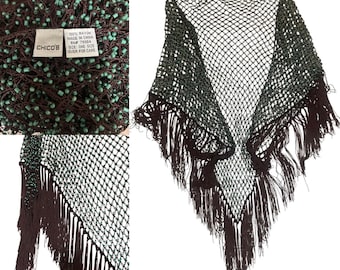 Vintage early 2000s Y2K CHICO'S brown woven & tourqouise beaded long fringed shawl, One Size