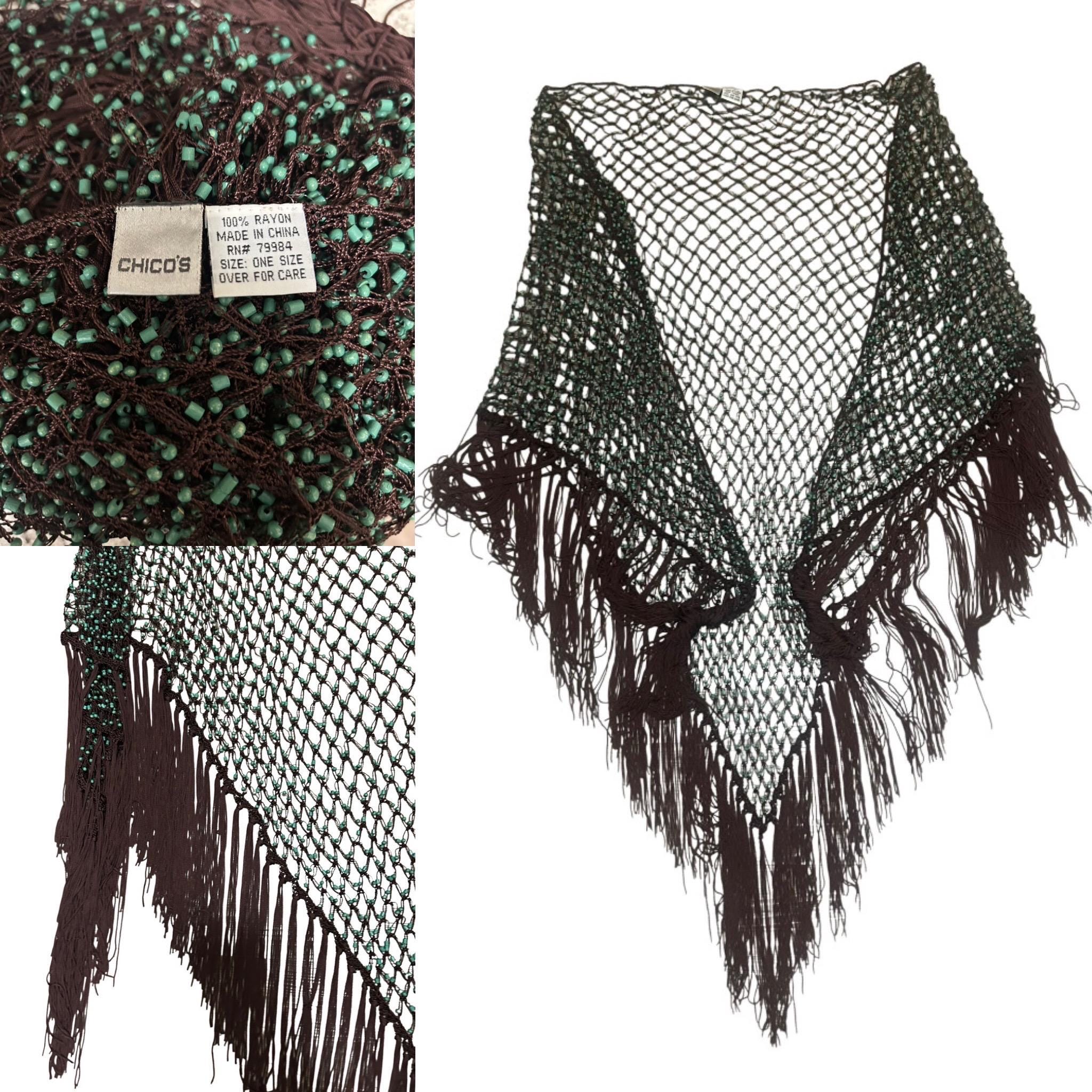 Écharpe/Châle à Franges Perles Vintage Noir Blanc Argent Or - État Impeccable