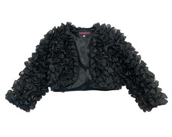 Vintage 1980s TOM and LINDA PLATT sheer black ruffled taffeta & satin bolero / shrug, size Small