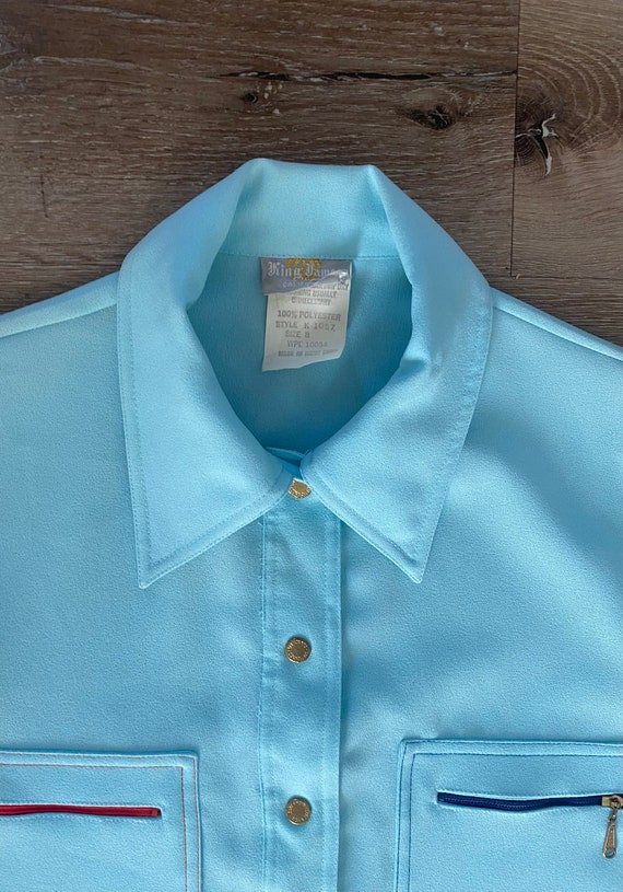 Vintage 1970s KING JAMES baby blue snap-up shirt … - image 7