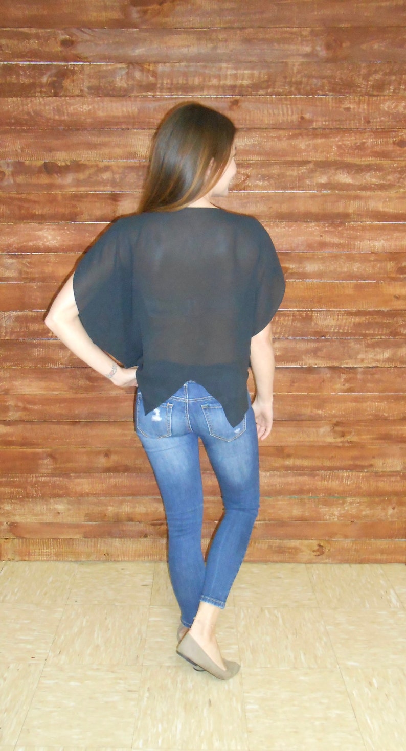 One Size Vintage 1980s oversized black sheer sequined embelished flutter top