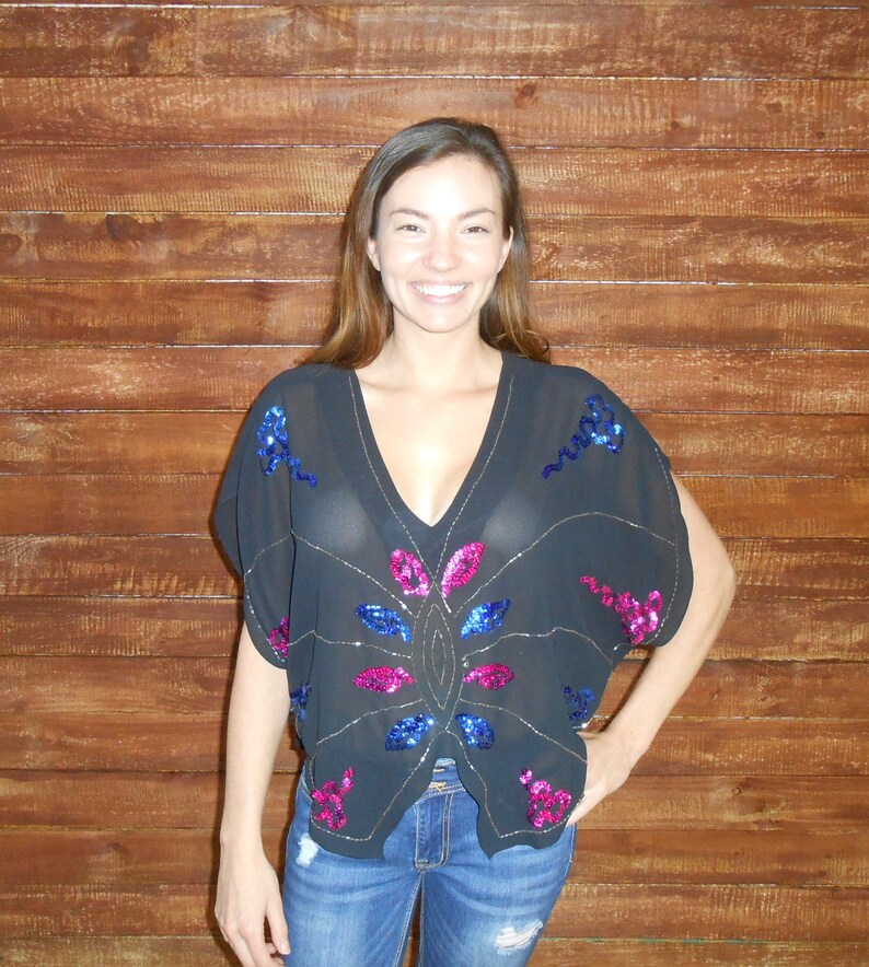 One Size Vintage 1980s oversized black sheer sequined embelished flutter top