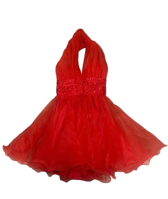 Vintage 1990s nwt FAVIANA sheer red a-line halter dress w/ soutache rhinestone waistband, size 8/10