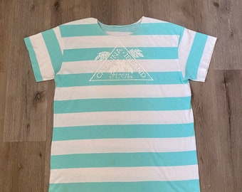 Vintage 1980s HRS ROLLER PRINTS seafoam green white striped 'Catalina Island Beach Club' oversized tee / t-shirt