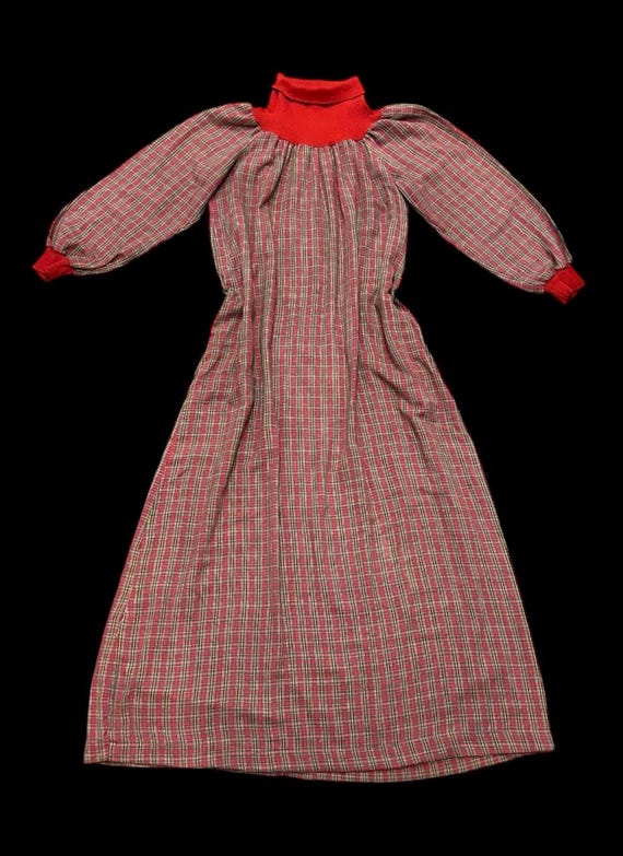 Vintage 1970s R. Michael Allen Red green Christmas plaid turtleneck maxi dress, size Large