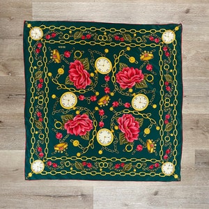 Vintage 1980s BILL BLASS pocket watch, jewelry, & floral print green silk scarf / head wrap / wall hanging