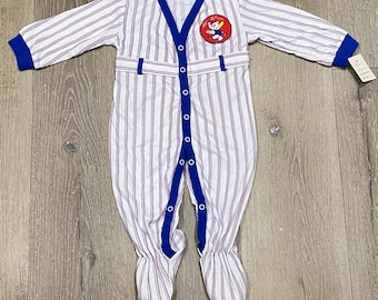Vintage nwt 1980s TINY TOTS ORIGINAL 'Lil Slugger' striped footed baseball jumpsuit / one piece, size 18-24 pounds