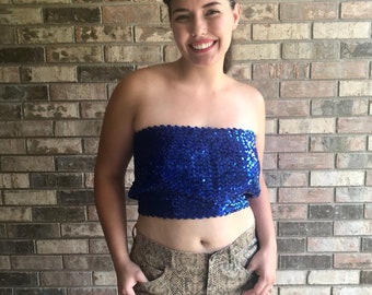 Vintage 1970s blue-sequined stretch cropped tube-top, size Medium / Large