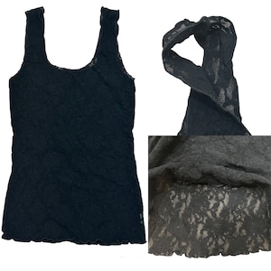 Vintage 1990s stretch black floral lace tank top, size Small / Medium