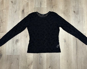 Vintage 1990s Y2K KAREN KANE sheer black mesh long-sleeved blouse w/ flocked metallic leaves, size L