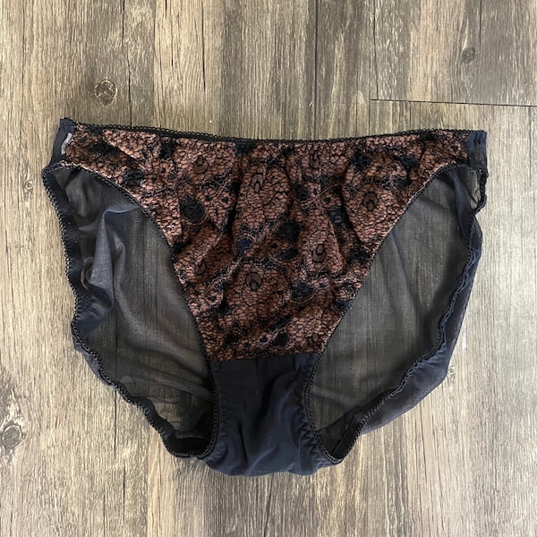 Vintage 1990s brown lace & black sheer high cut bikini panties, size medium