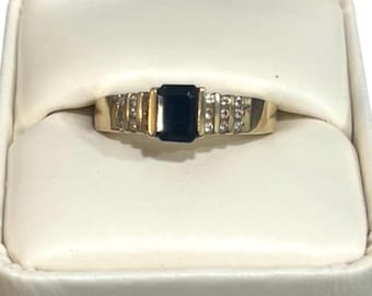 Vintage 1980s 14k 14 yellow gold deep blue sapphire & diamond ring w/ sizing beads, size 8.75, 6.24 grams