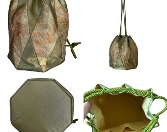 Vintage 1990s Y2K seafoam green & orange floral Asian inspired origami drawstring purse