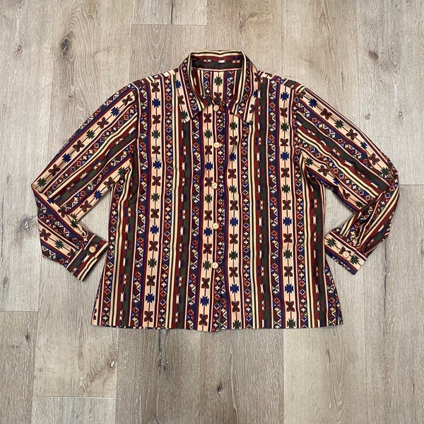 Vintage late jaren 1970 / vroege jaren 1980 zuidwestelijke print lange mouwen button down shirt, maat Medium