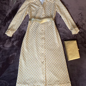 Vintage 1960s SEARS FASHIONS gold & silver metallic knit checkered button down maxi dress, size Medium / Large