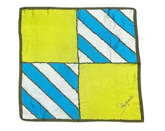 Vintage 1960s SCHIAPARELLI green & blue geometric / color block print silk scarf
