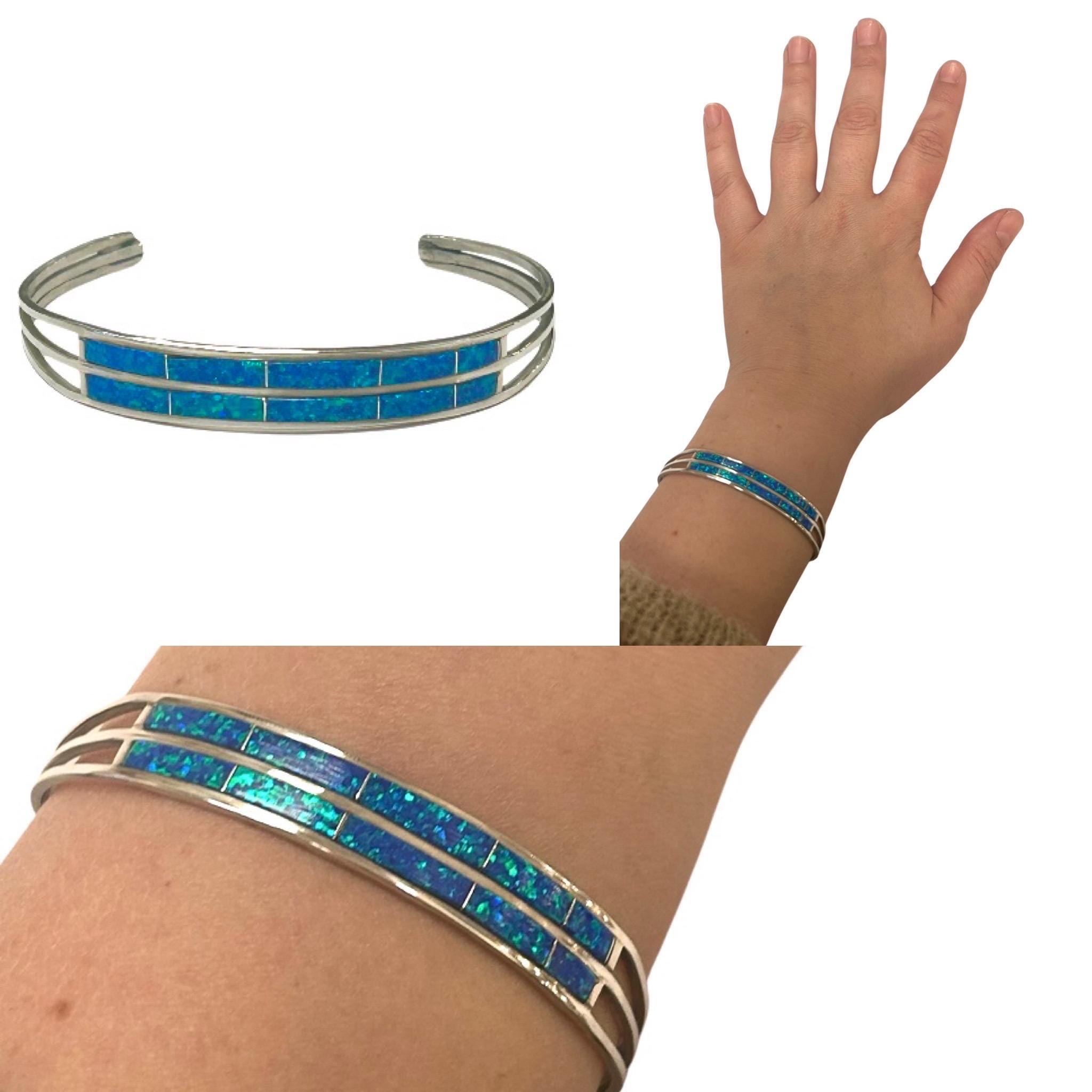 Vintage 1980s 1990s JAMIE JOHNSON 925 sterling silver & blue opal inlaid cuff, signed.
