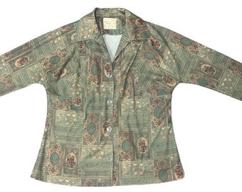 Vintage 1970s TRULY FAIR novelty victorian / art nouveau print button down collared blouse, size Medium