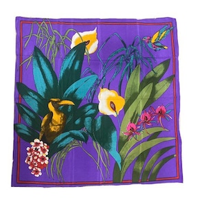 Vintage 1980s tropical bird & floral / plant design oversized purple silk scarf / purse tie / head scarf / art