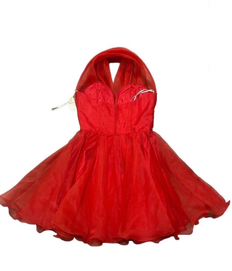 Vintage 1990s nwt FAVIANA sheer red a-line halter dress w/ soutache rhinestone waistband, size 8/10