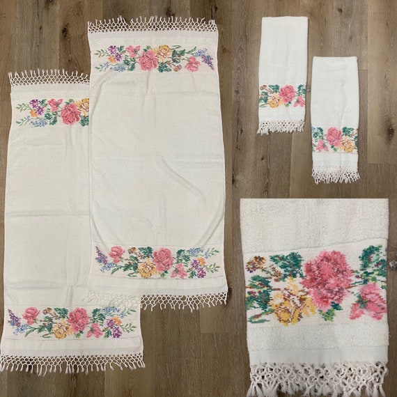 Vintage 1950s 1960s Super Soft Knotted Fringe Terry Towels W Cross Stitch Needlepoint Floral Design Set of 2 Etsy Ireland