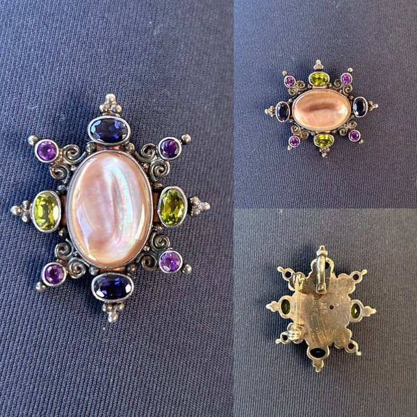 Vintage 1990s SAJEN 925 sterling silver, mother of pearl, green garnet, amethyst, & tanzanite pendant / brooch