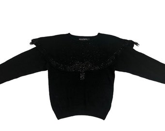 Vintage 1980s WORK IN PROGRESS by Gladys Bagley black silk / Angora / wool beaded & embroidered long sleeved sweater, size Medium