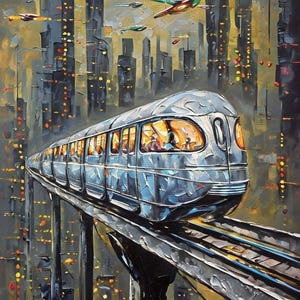 Sleek Retro Monorail Train Gliding Through Futuristic Megacity