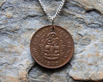 Coin Pendant /  New Zealand Coins / Half Penny Coin / Italian Sterling Silver Chain / 18 Inches Long