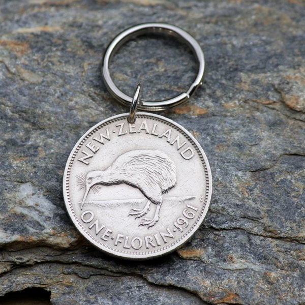 Coin Keychain New Zealand / Florin Coin / Kiwi Bird / Genuine Pre Decimal Coins