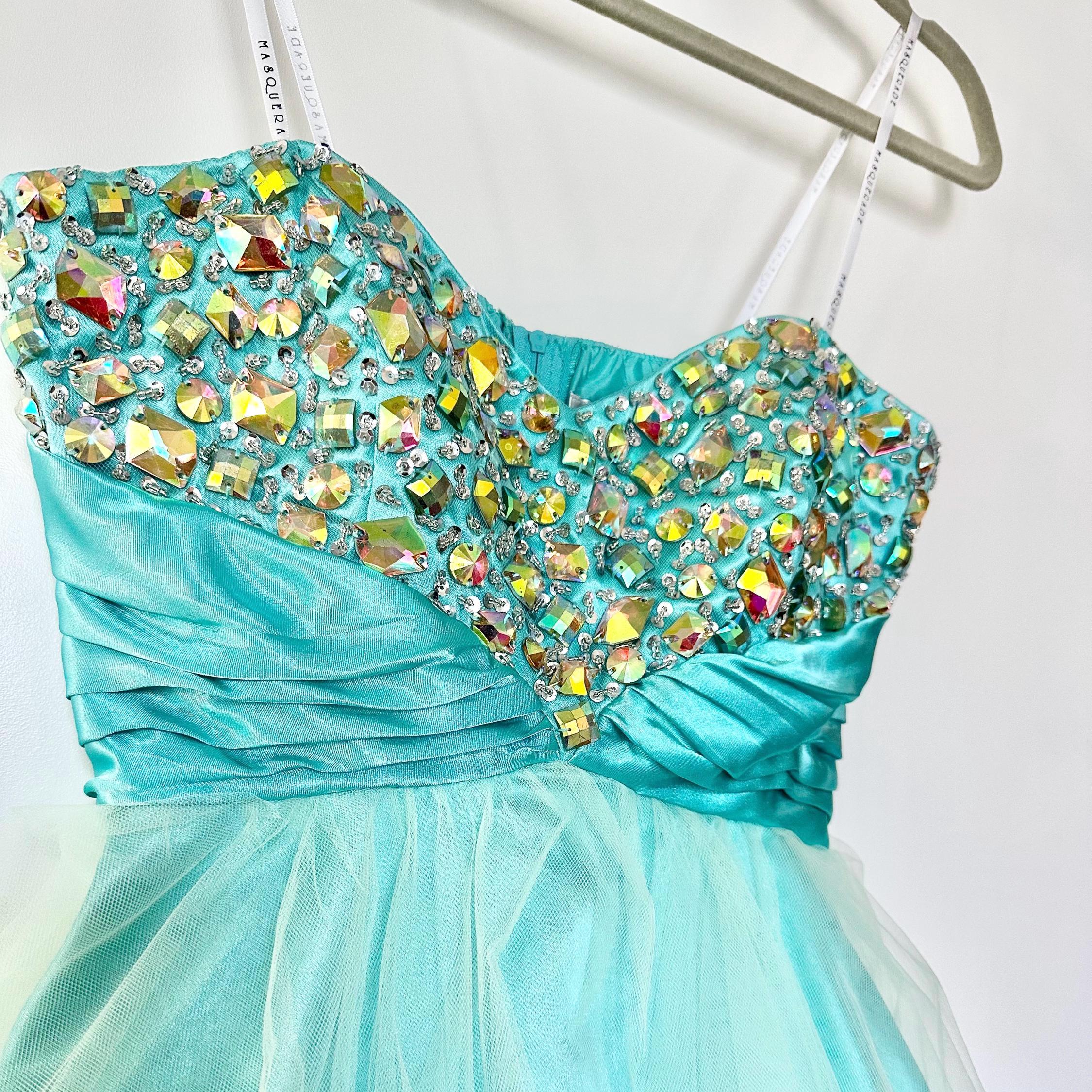 Vintage 2000s Masquerade Aqua Blue Gold Tulle Strapless Jeweled Short Prom  Dress Size 5/6 - Etsy