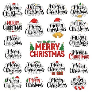 Puede incluir: Una colección de diseños de "Feliz Navidad" en varios estilos. El texto es en negro y rojo, con elementos festivos como gorros de Papá Noel, campanas, árboles de Navidad y cajas de regalo. Ideal para manualidades y decoraciones navideñas.