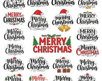 90 Merry Christmas Lettering Digital Bundle- 20 Holiday Typography Designs, Festive Clipart Pack, Christmas Stickers & SVG Style Printables