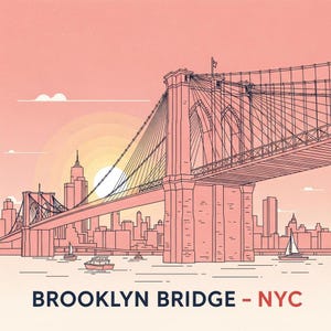 May include: Pink and white line art illustration of the Brooklyn Bridge in New York City. The image features the bridge, boats, and city skyline against a pink and orange sunset. Text at the bottom reads "BROOKLYN BRIDGE - NYC".