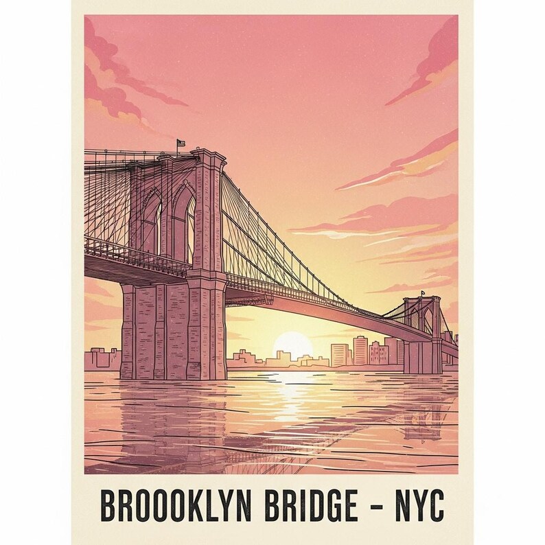 May include: Illustration of the Brooklyn Bridge in New York City at sunset. The bridge is depicted in a vintage style with a pink and orange sky. The text "BROOKLYN BRIDGE - NYC" is at the bottom.