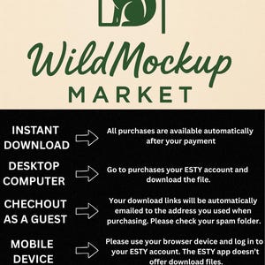 May include: A promotional graphic for Wild Mockup Market, featuring a green fox logo and instructions for instant downloads. Text includes "Instant Download," "Desktop Computer," "Checkout as a Guest," and "Mobile Device," with corresponding download instructions.