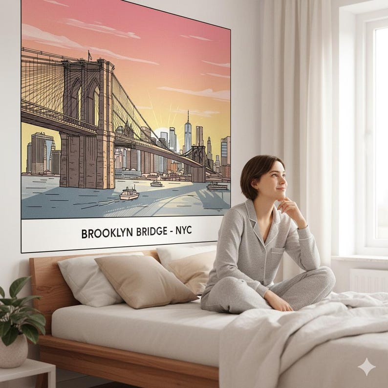 May include: A large wall art print featuring the Brooklyn Bridge at sunset. The artwork is a line drawing with a colorful sky and the text "BROOKLYN BRIDGE - NYC" at the bottom. The print is displayed above a bed.