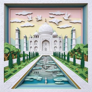 May include: A layered paper art piece depicting the Taj Mahal. The white marble mausoleum is set against a pastel sky with clouds and flying birds. A reflecting pool and green trees are in the foreground, framed in a white border.