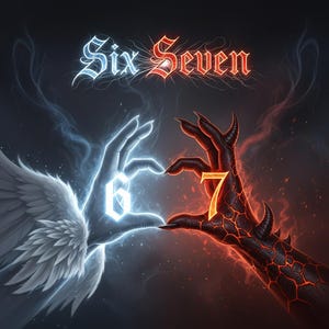 May include: Digital artwork featuring the words "Six Seven" in stylized text. Two hands form a heart shape, one angelic and the other demonic, with the numbers 6 and 7 in the center. The angel hand is white and the demon hand is red.